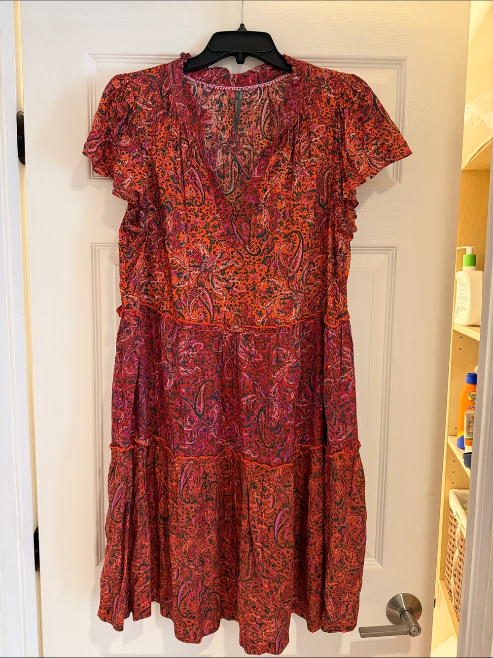 Anthropologie Pink Orange Paisley Tiered V-Neck Dress